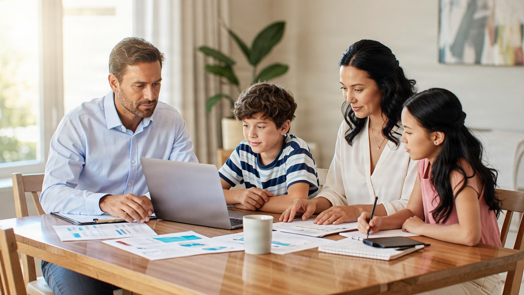 A family discussing home finances in a bright living room with a laptop and documents.
