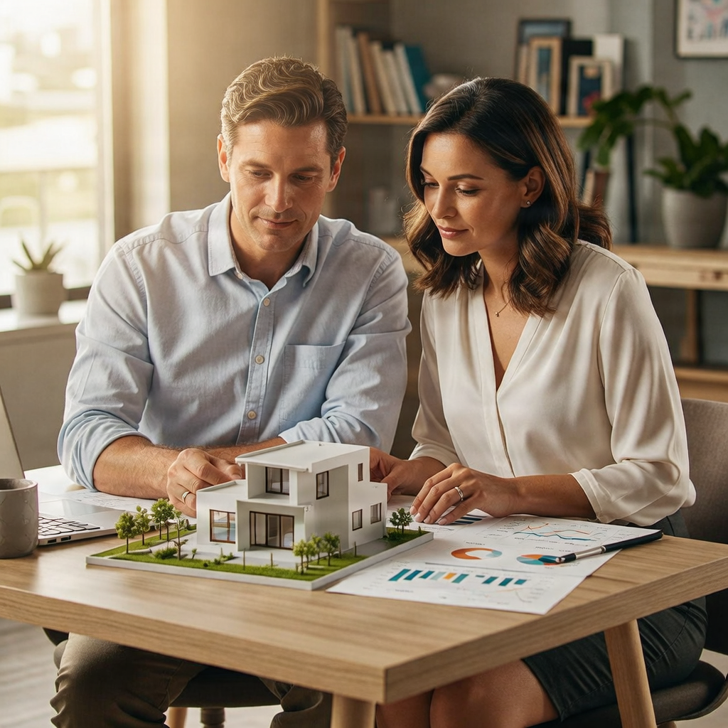 A couple planning their long-term financial goals with a house model on the table.